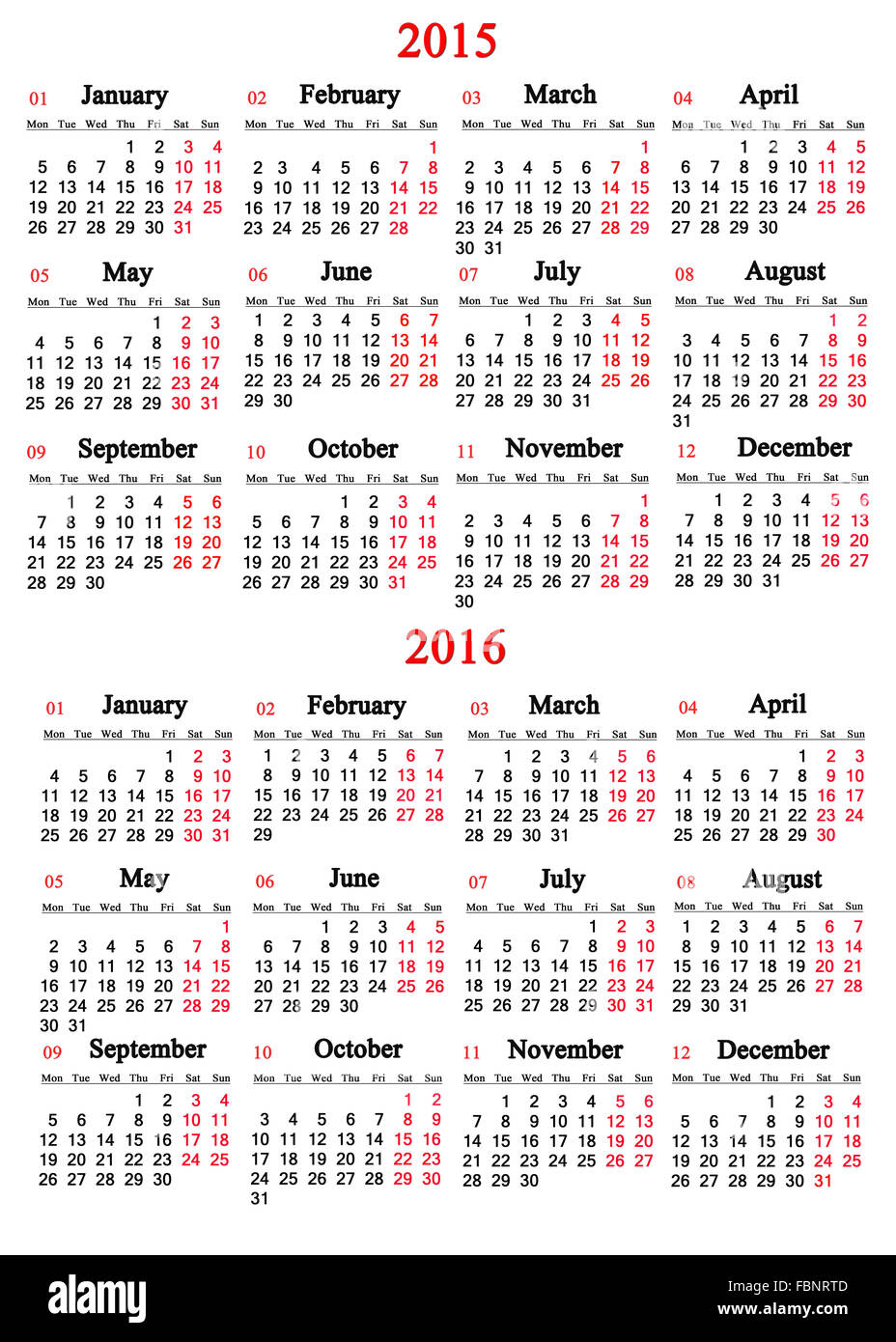 usual office calendar for 2015 - 2016 years on white background Stock ...