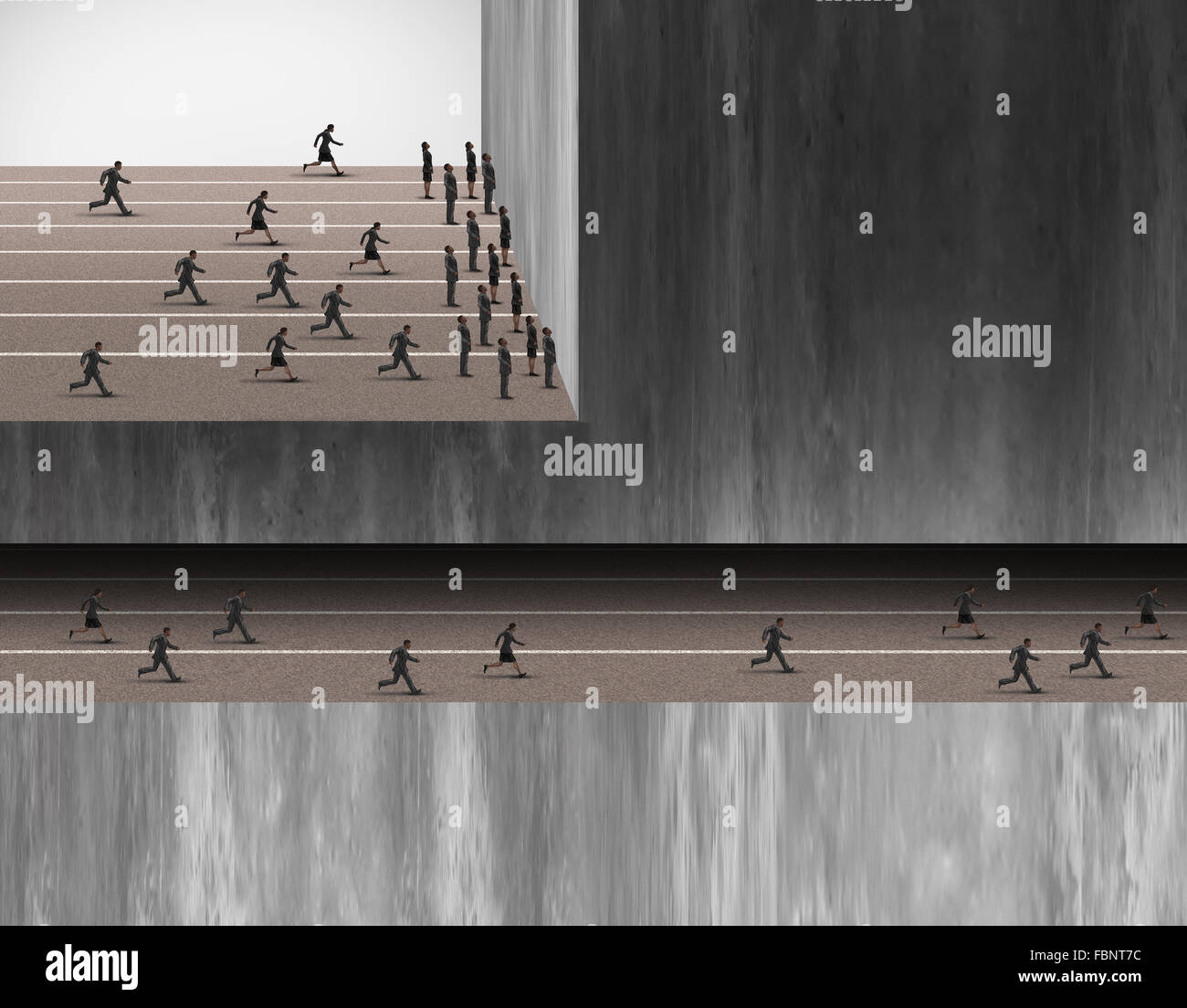 Hidden career opportunities business jobs concept as a group of people stopped at a wall and another group in an underground tunnel as an employment or seccret industry metaphor or corporate insider symbol. Stock Photo