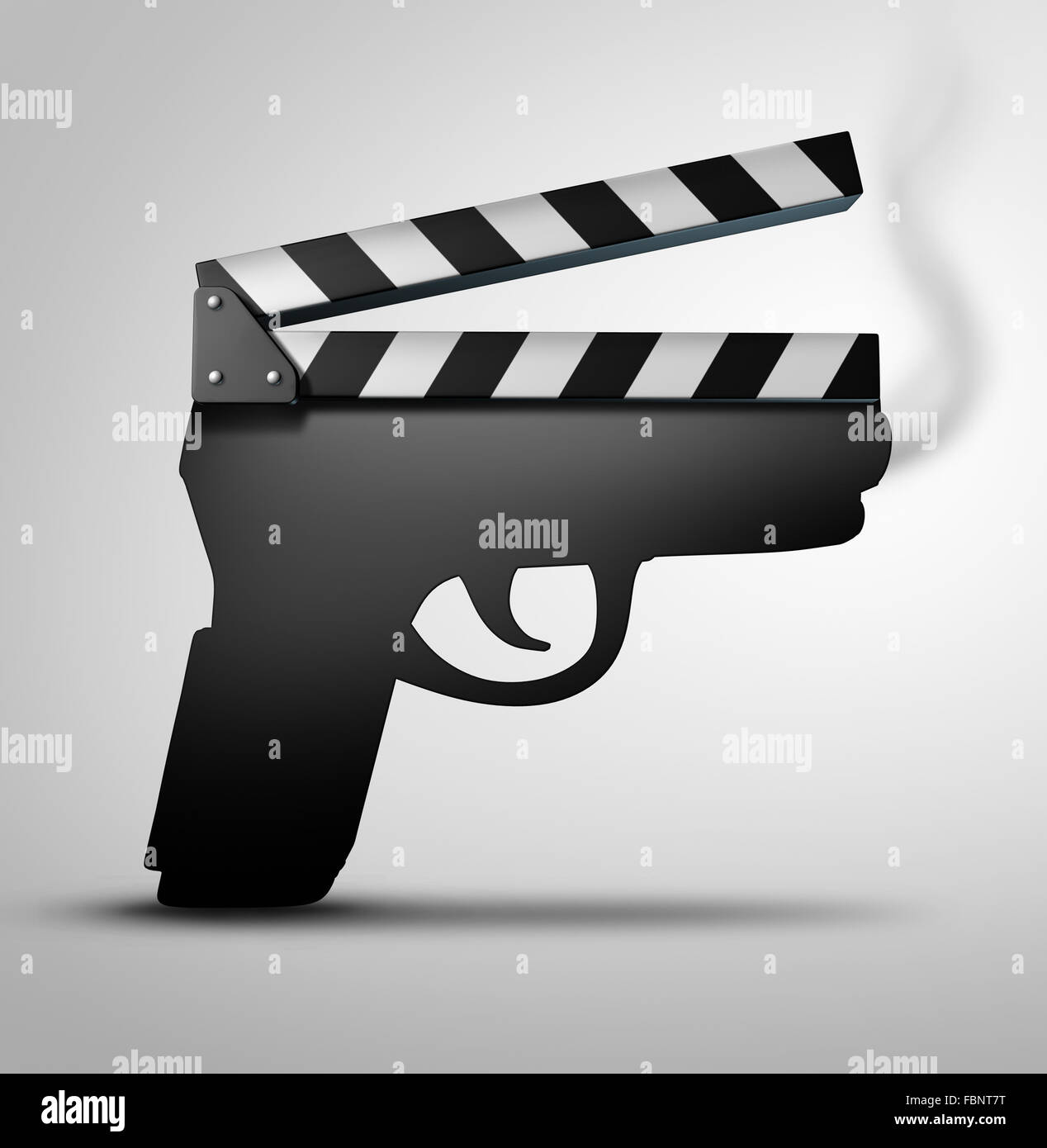 Movie violence concept or crime flick concept as a clapperboard or movie slate board shaped as a gun as a symbol for guns in television internet or movies. Stock Photo