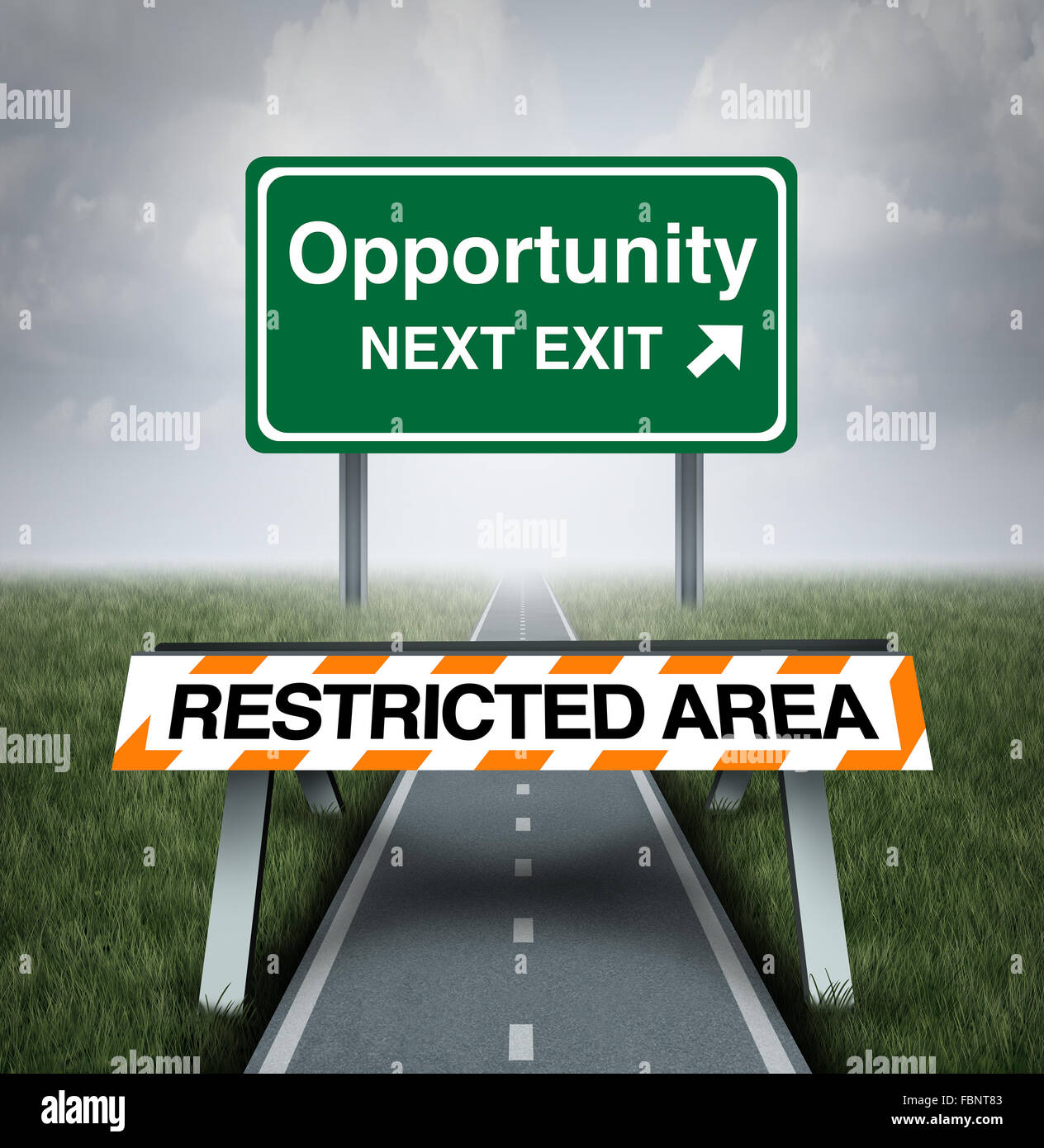 Restricted opportunity concept and business road block symbol as a barrier with text barring entrance to a road with a sign for Stock Photo