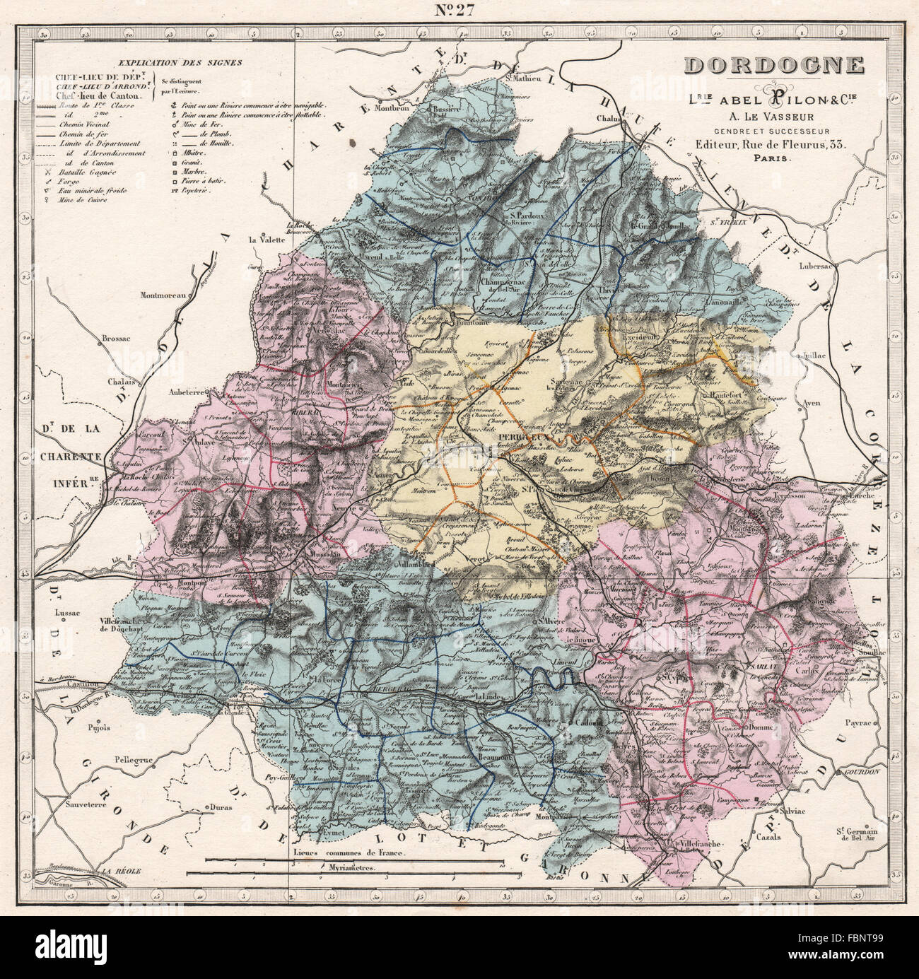 DORDOGNE department showing resources & minerals. LE VASSEUR, 1876 antique map Stock Photo