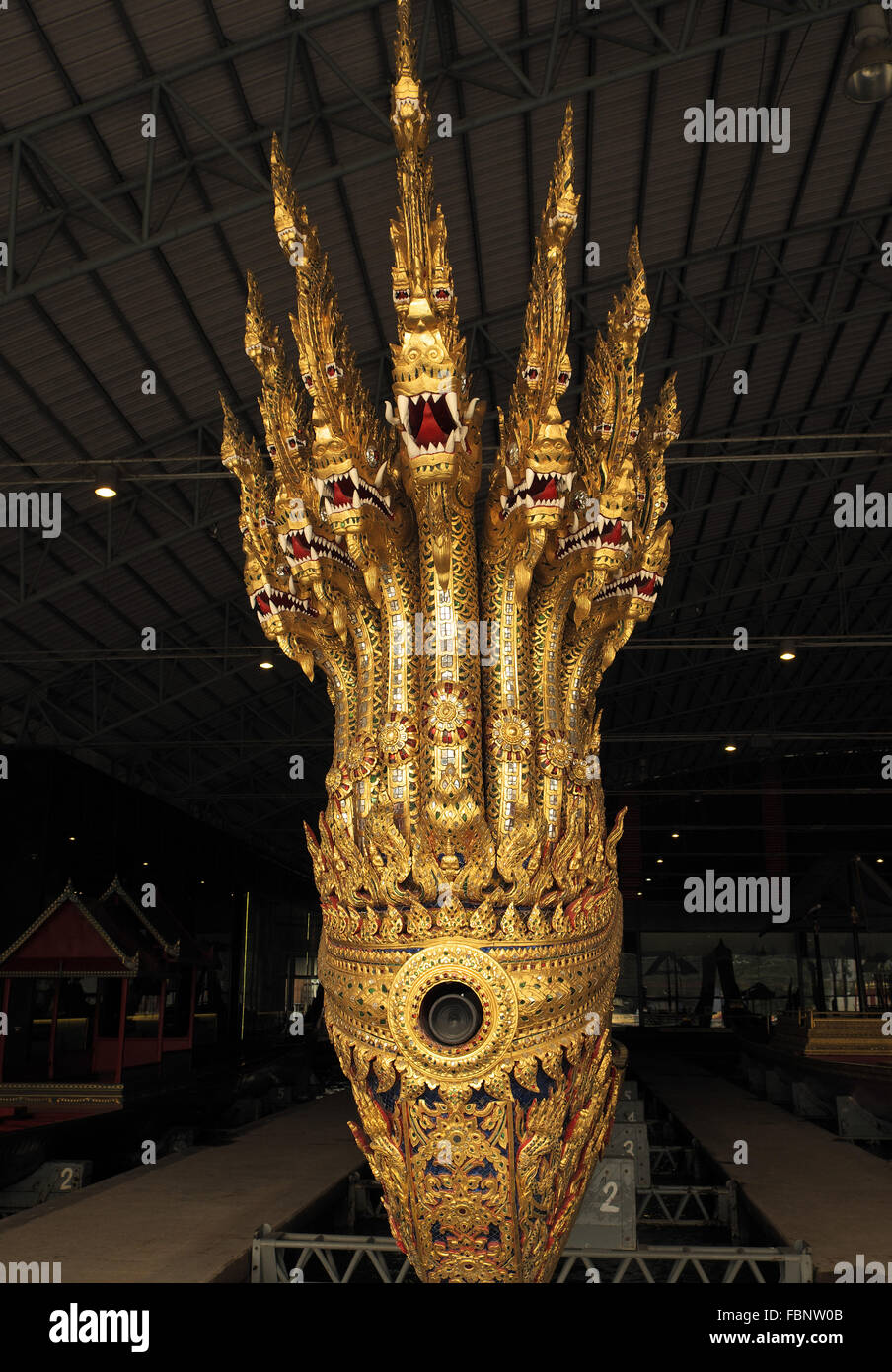 Gold gilt and bejeweled Nagas figureheads, Anantanakaraj Royal Barge, National Museum of Royal Barges, Bangkok, Thailand, Asia Stock Photo