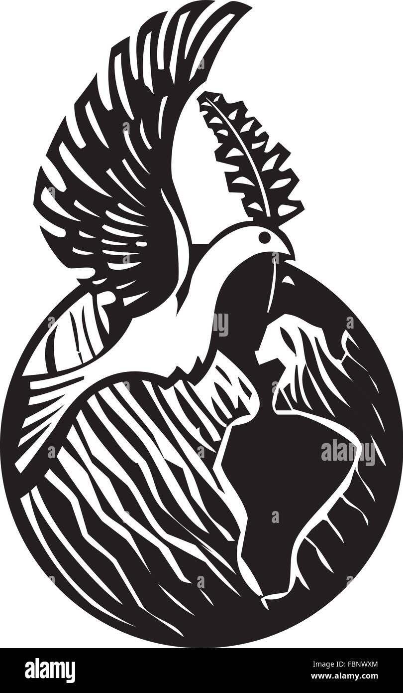Woodcut style image of the peace dove with an olive branch over a globe of the earth Stock Vector