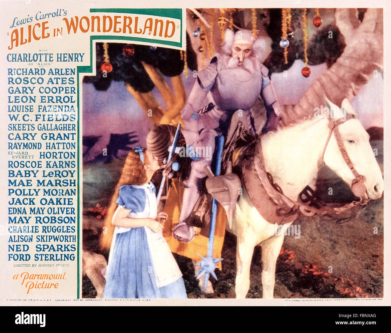 Alice with the White Knight from lobby card promoting Alice in Wonderland (1933) directed by Norman Z. McLeod and Hugh Harman an all-star film adaption of Lewis Carroll's book. Stock Photo