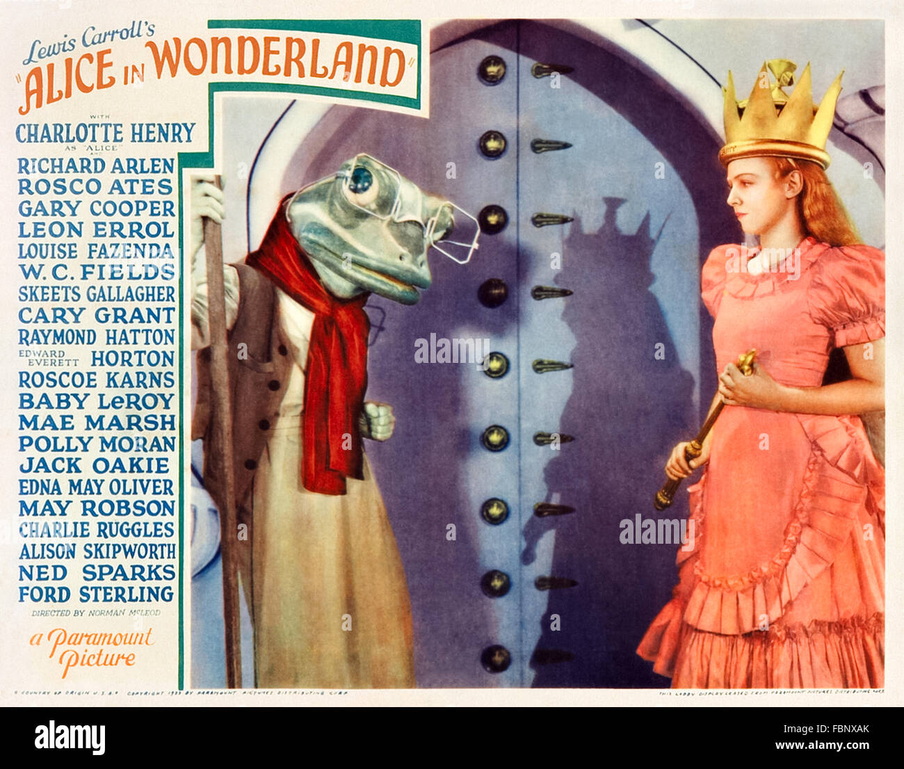 Alice with the frog footman from lobby card promoting Alice in Wonderland (1933) directed by Norman Z. McLeod and Hugh Harman an all-star film adaption of Lewis Carroll's book. Stock Photo