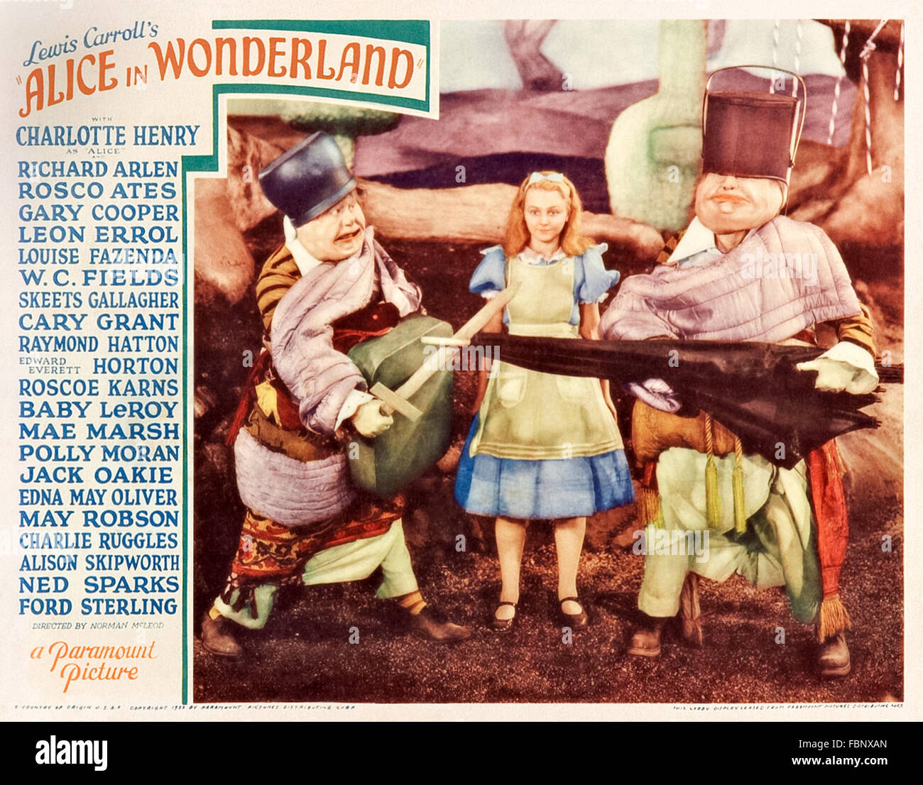 Alice with Tweedledum & Tweedledee from lobby card promoting Alice in Wonderland (1933) directed by Norman Z. McLeod and Hugh Harman an all-star film adaption of Lewis Carroll's book. Stock Photo