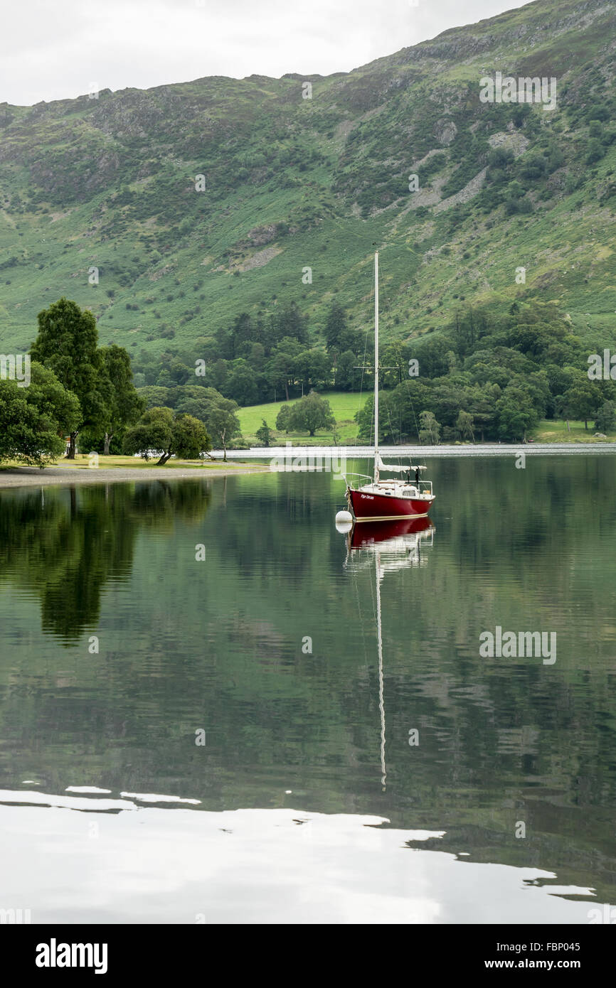 Red Yacht Moored at Ullswater Stock Photo - Alamy