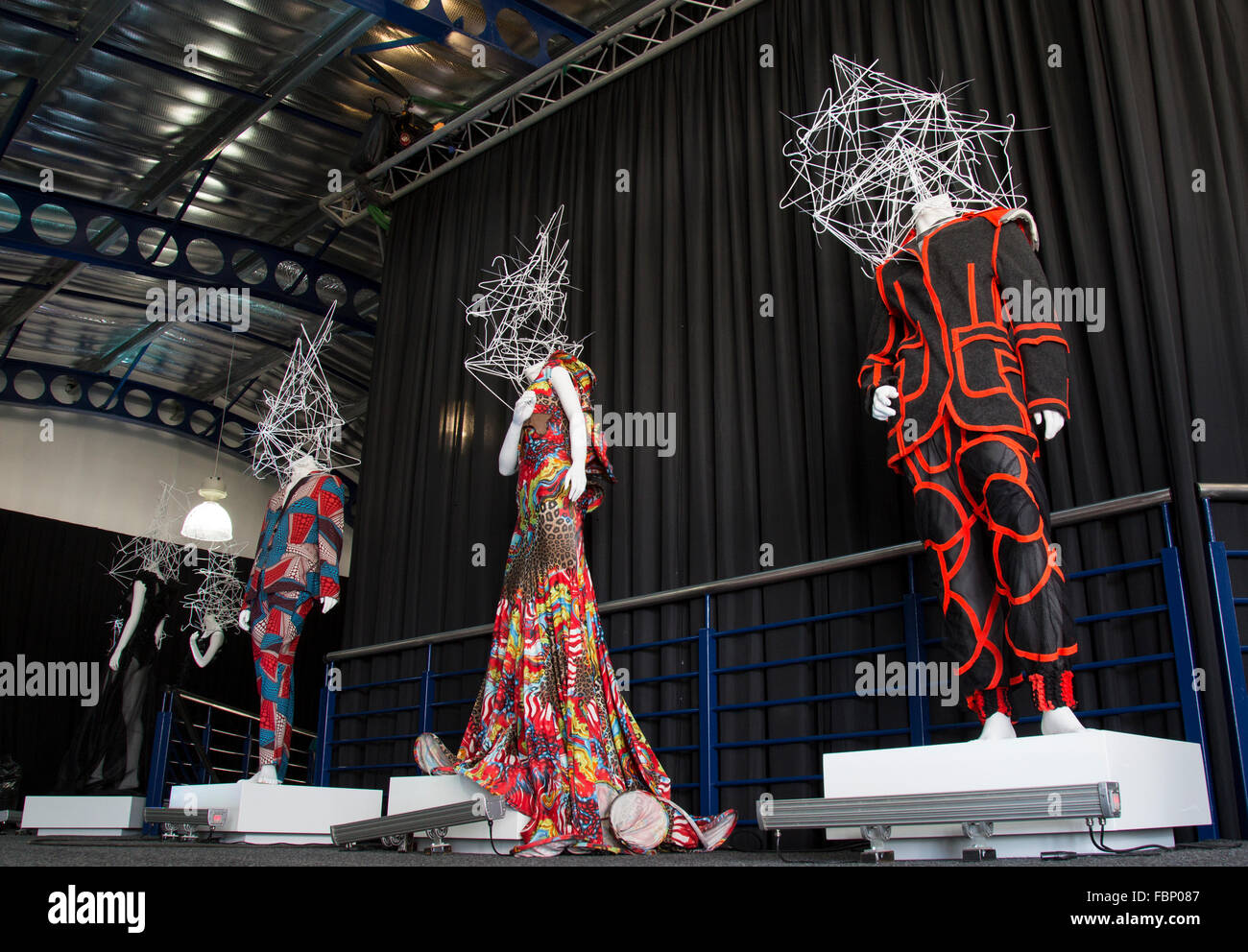 Mannequins dressed with African-styled high-fashion items on display during the Fashion Spectacular event hosted by the South Af Stock Photo