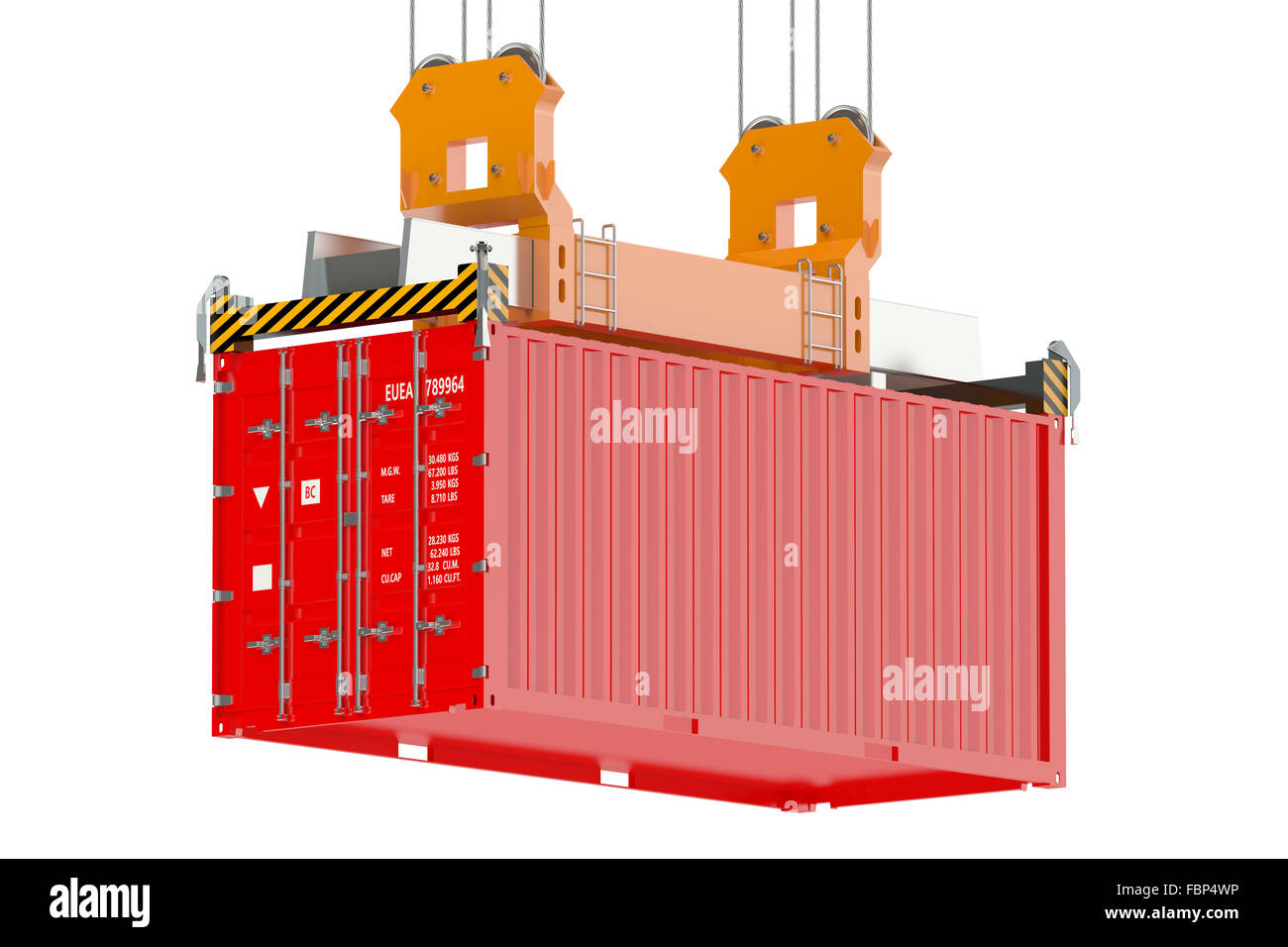 container crane and red cargo container isolated on white background Stock Photo
