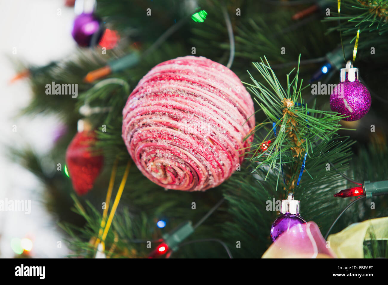 Christmas tree and christmas decorations close up photo. Stock Photo