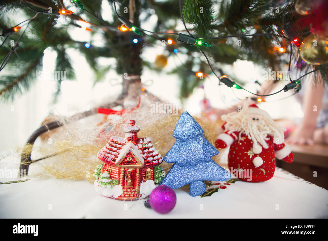 Christmas tree and christmas decorations close up photo. Stock Photo