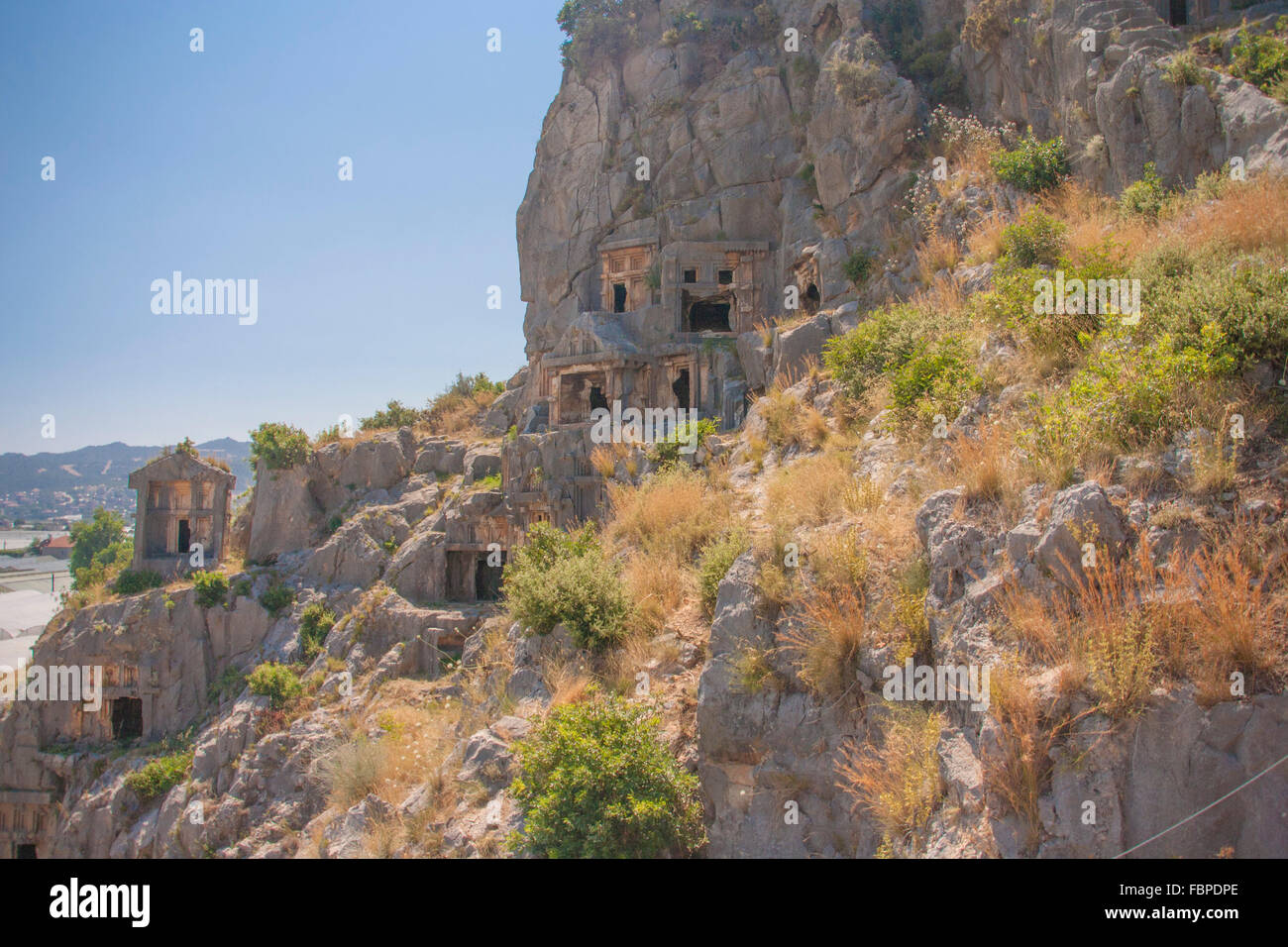 Ancient Lycian rock tombs in Myra, near Kale, Eastern Mediterranean Turkey ruins of Myra, Demre, Antalya Province, Lycia, Turkey Stock Photo