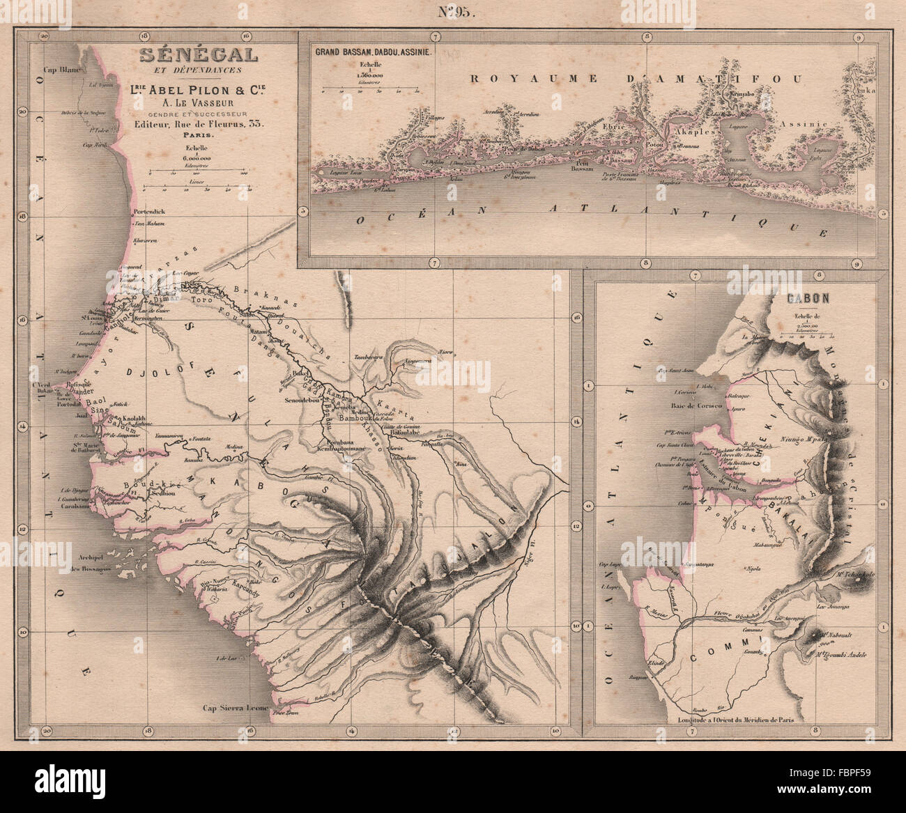 SENEGAL GABON CÔTE D'IVOIRE. Ivory Coast. Grand Bassam Dabou Assinie, 1876 map Stock Photo