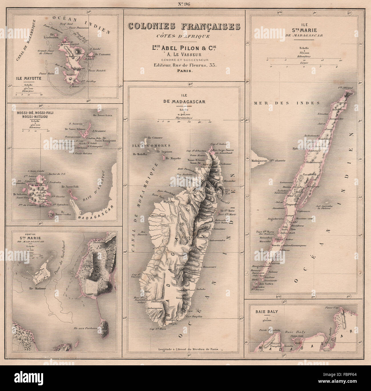 MADAGASCAR. Nossi-Bé/Nosy Be. Iles Sainte Marie & Mayotte. Baie de Baly 1876 map Stock Photo