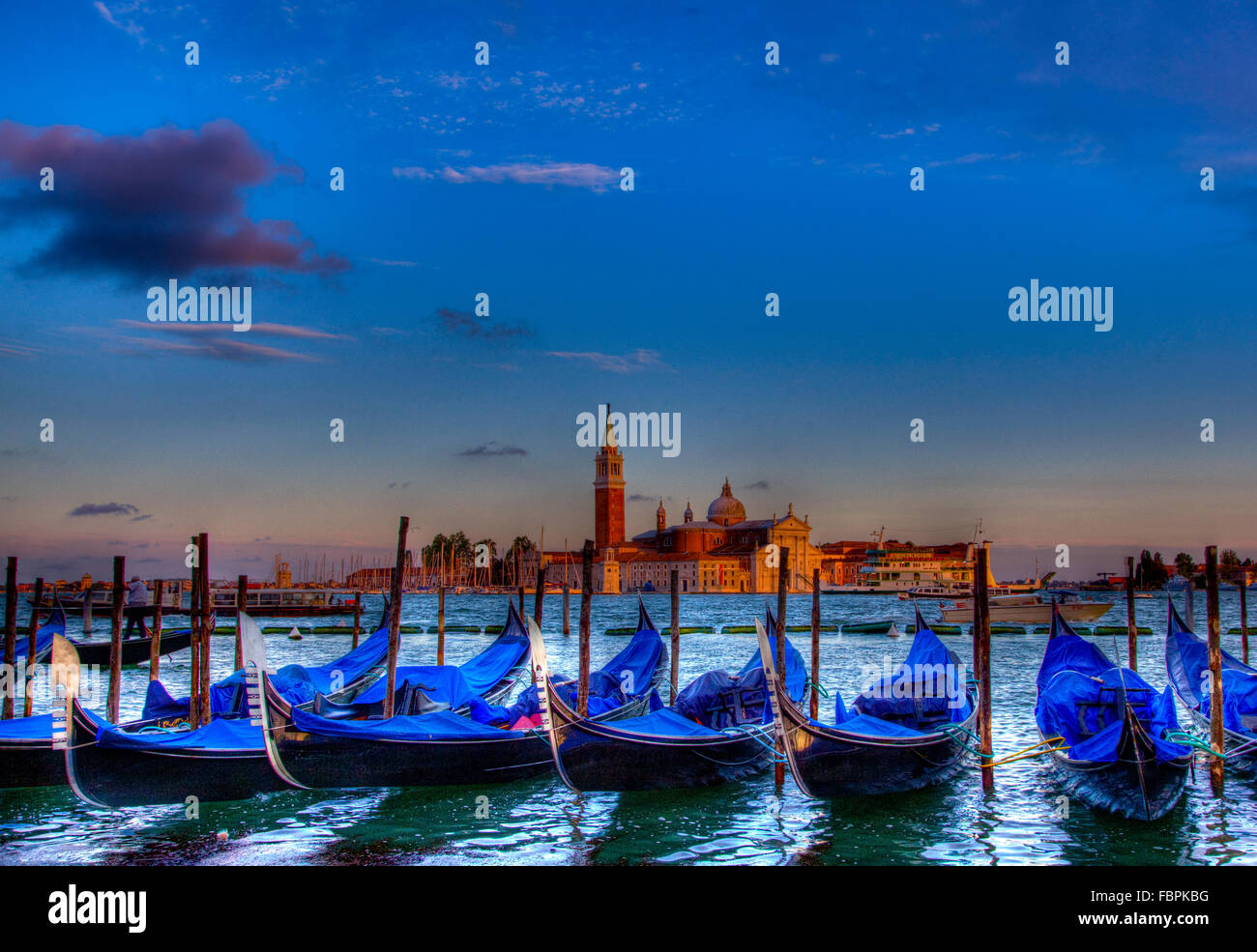 Gondolas of Venice , Sunrise on tte Plaza San Marco, Venice, Italy Stock Photo