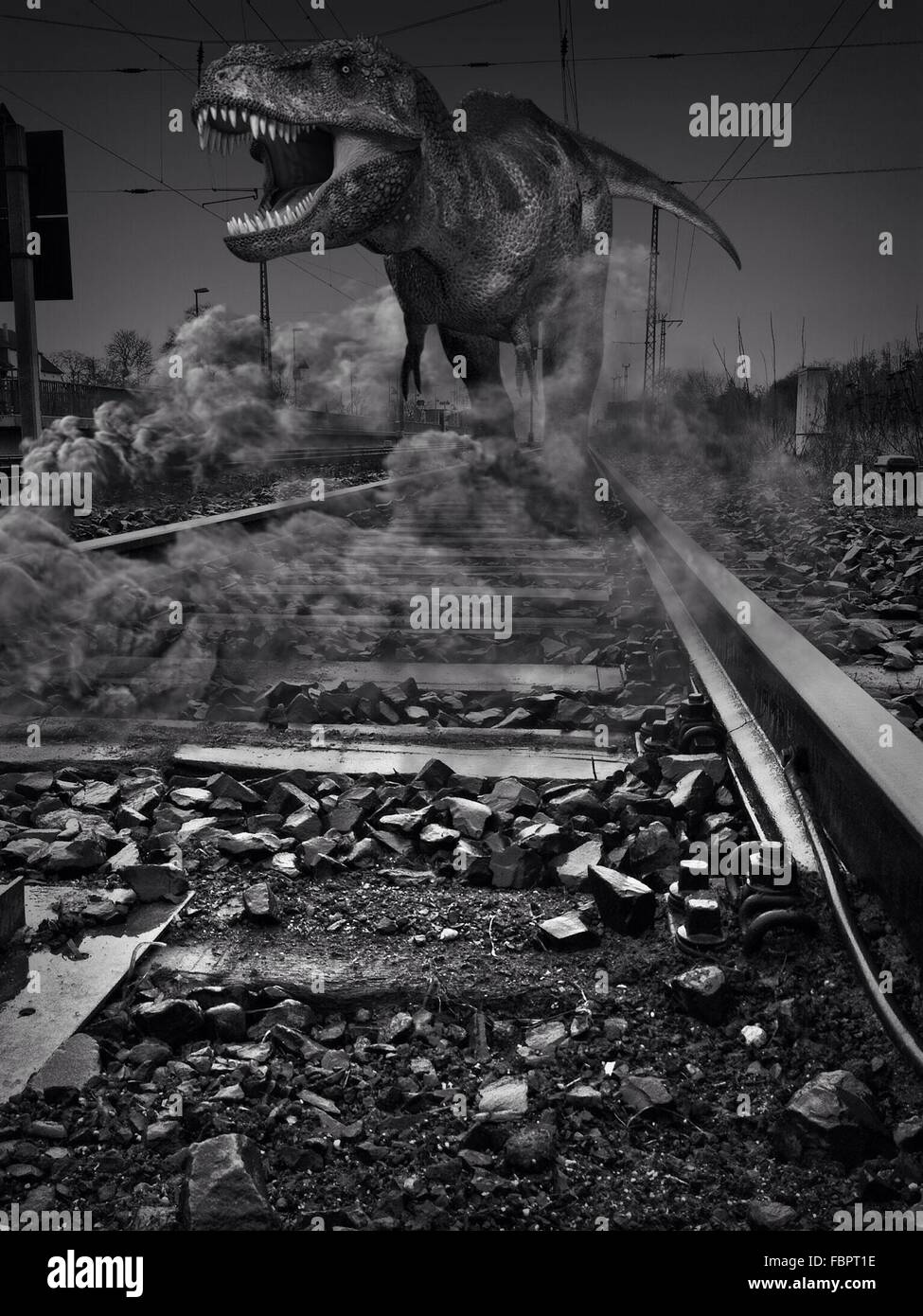Tyrannosaurus Rex On Railroad Tracks Stock Photo