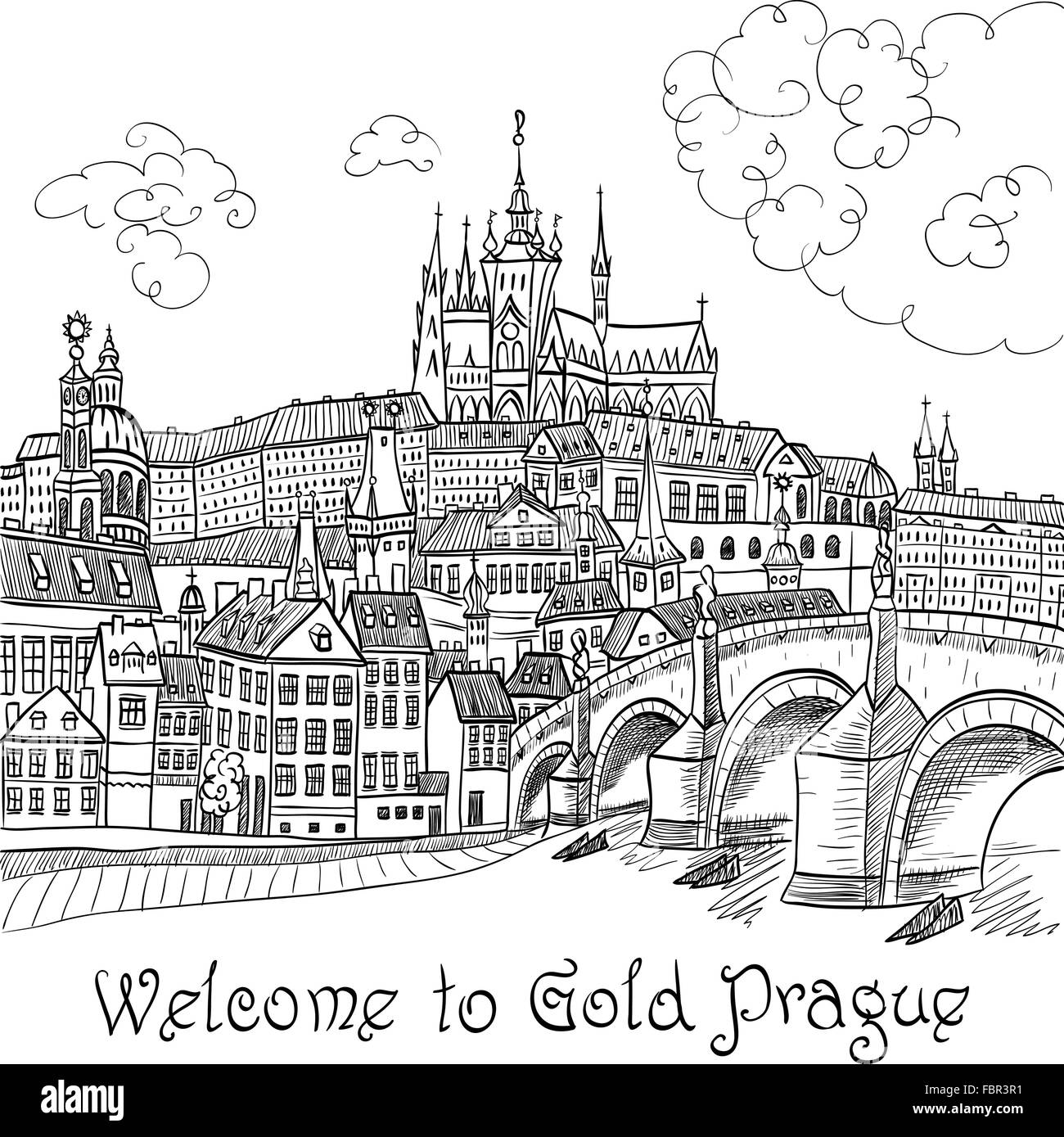 Prague Castle and Charles Bridge Stock Vector