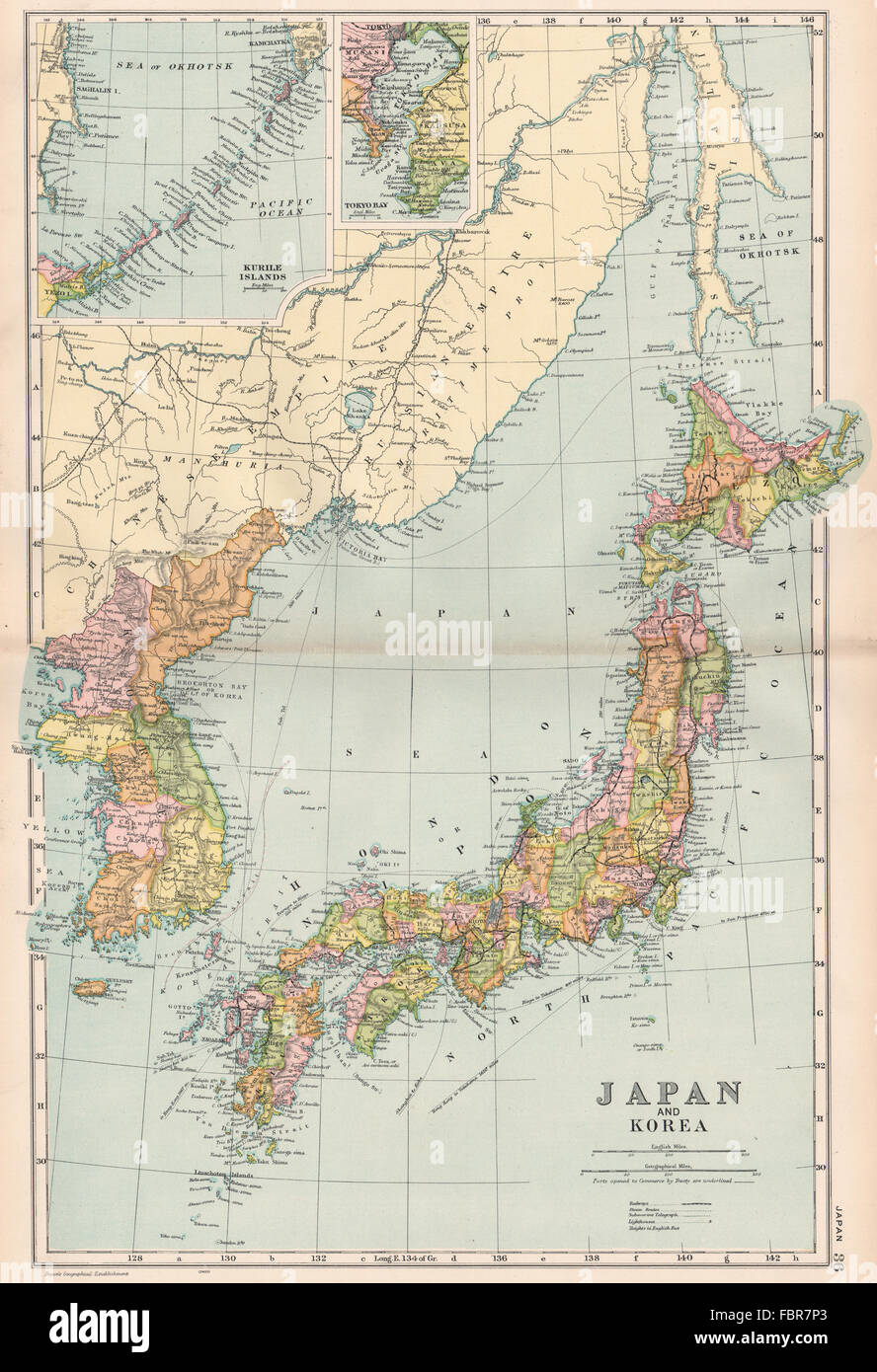 JAPAN & KOREA. Railways & steam routes. Inset Tokyo bay. BACON, 1903 old map Stock Photo