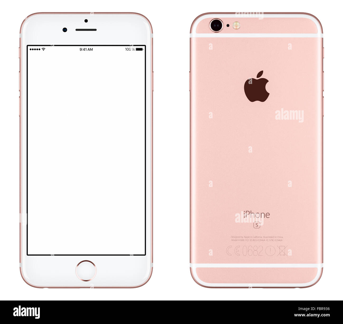 Varna, Bulgaria - October 24, 2015: Front view of Rose Gold Apple iPhone 6S mockup with white screen and back side Stock Photo