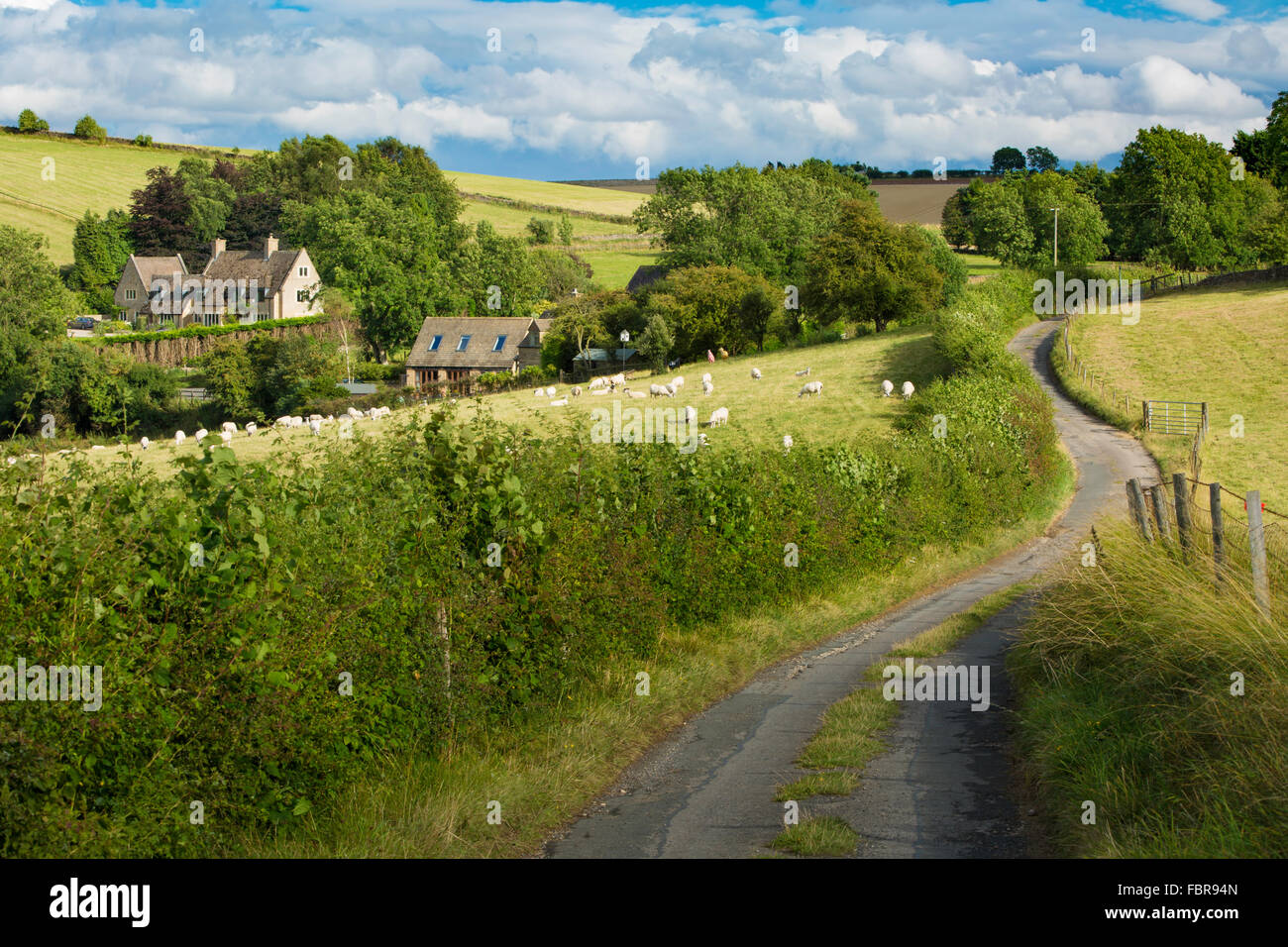 Cottages and countryside near Snowshill, Gloucestershire, England, UK