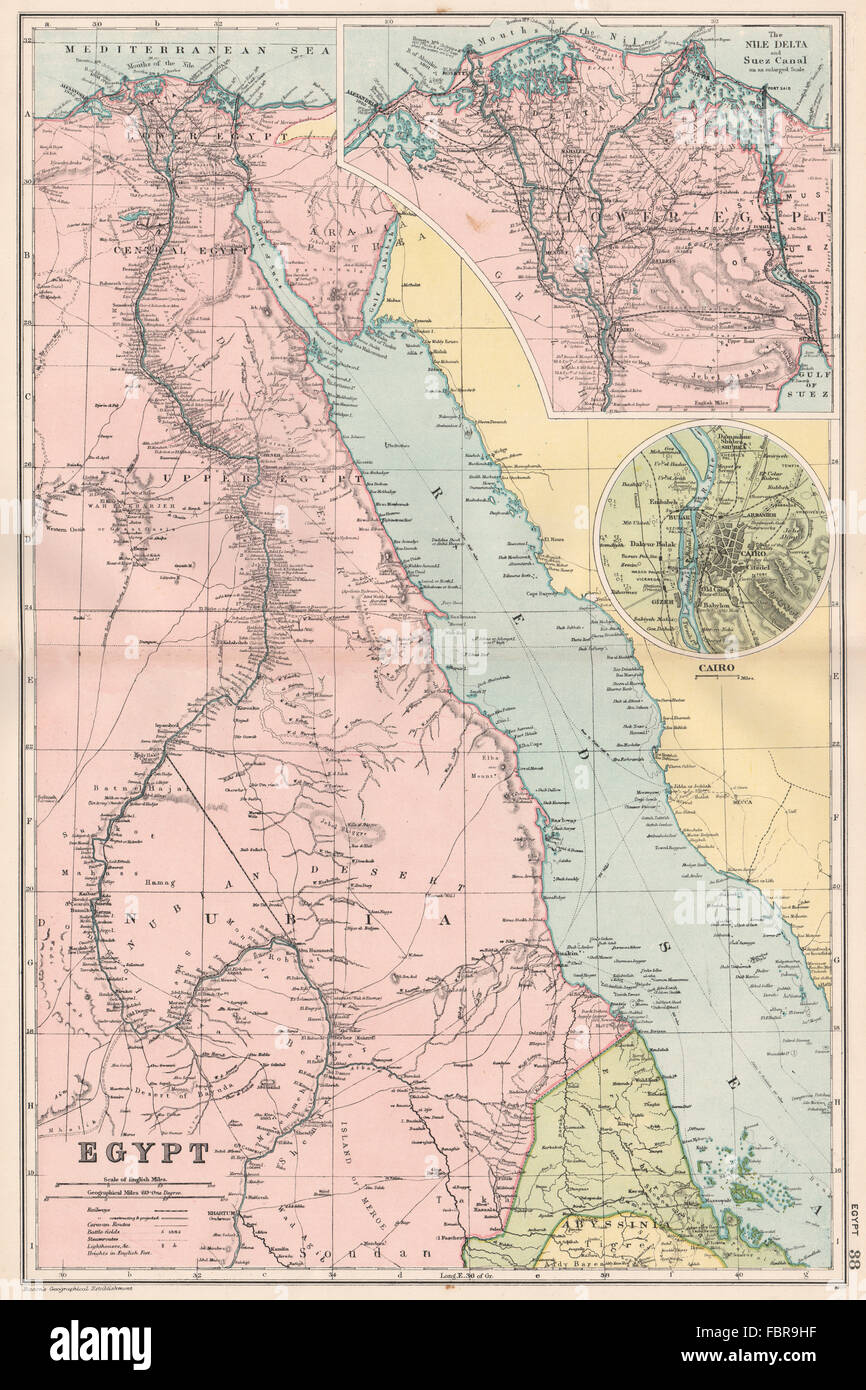 EGYPT NILE VALLEY RED SEA. Delta Suez Canal Cairo. Battles/dates. BACON 1903 map Stock Photo