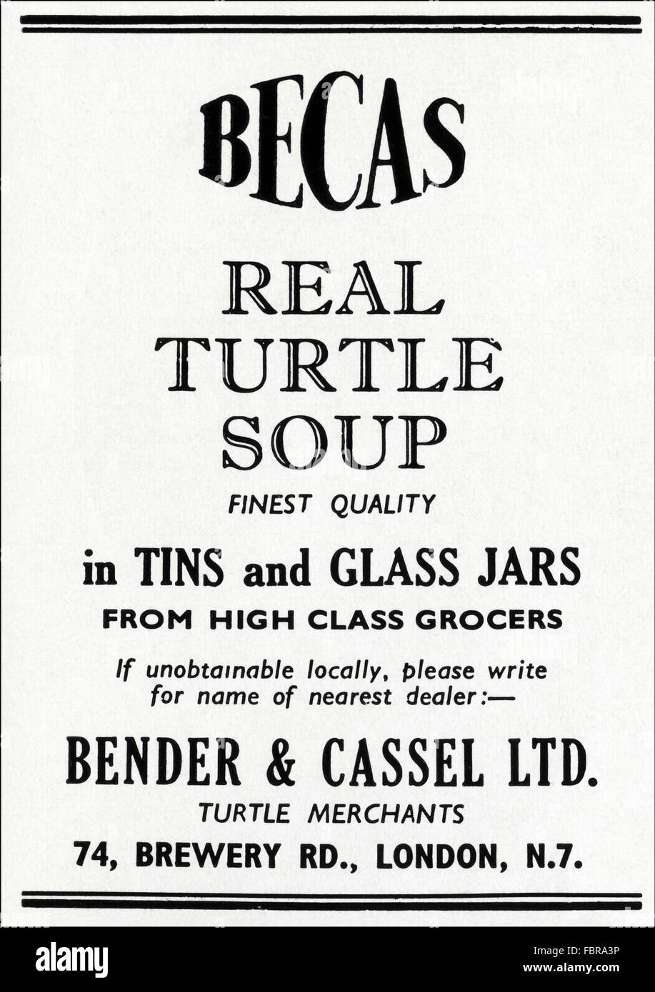 Original vintage advert from 1950s. Advertisement from 1954 advertising Becas real turtle soup by Bender & Cassel Ltd turtle merchants of London. Stock Photo