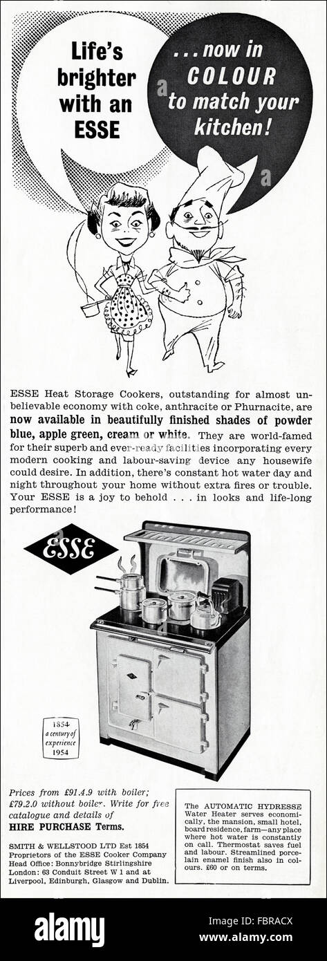 Original vintage advert from 1950s. Advertisement from 1954 advertising the Esse solid fuel cooker. Stock Photo