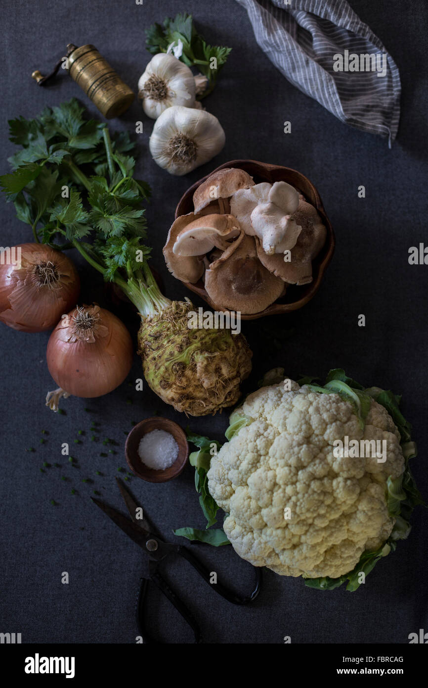 Ingredients for Creamy Cauliflower and Celery Root Soup with Roasted Shiitake Mushrooms Stock Photo