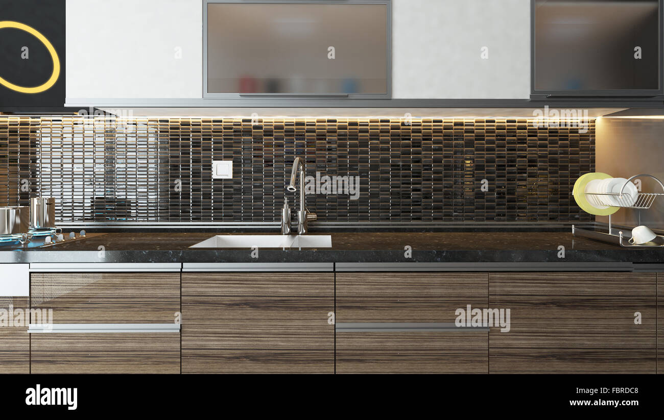 modern kitchen design interior background for your product Stock Photo ...