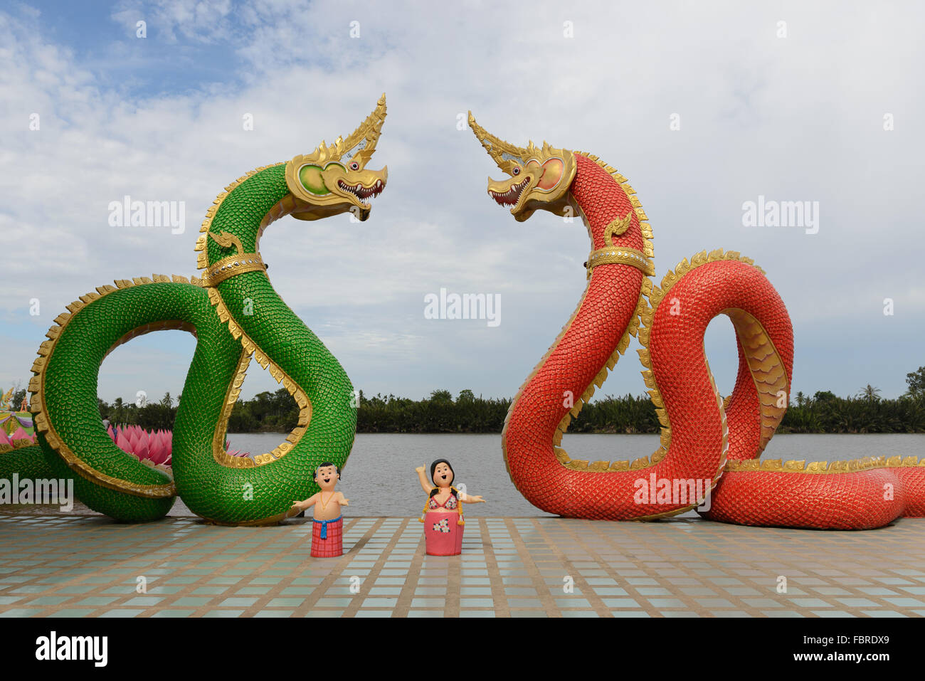green and red naka statue. Found at Samanrattanaram temple in Chacheongsao province, Thailand. These naka were made differently Stock Photo