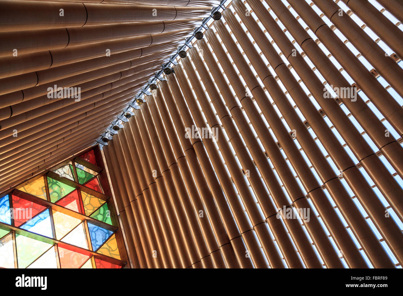 Stained glass window at the Cardboard cathedral designed by Shigeru Ban, Christchurch,Canterbury,South Island,New Zealand Stock Photo