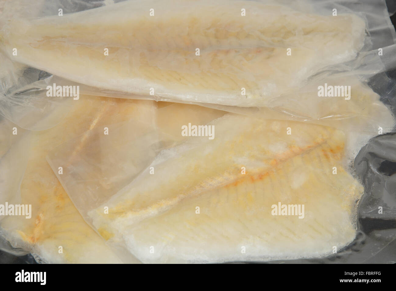 Frozen vacuum packed flounder fillets in airtight plastic packaging