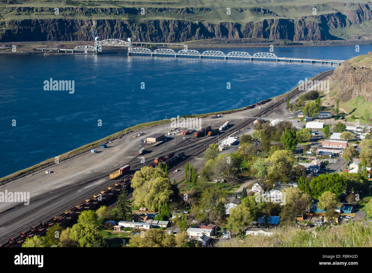 View of the Columbia river and railroad bridge near Wishram, Washington