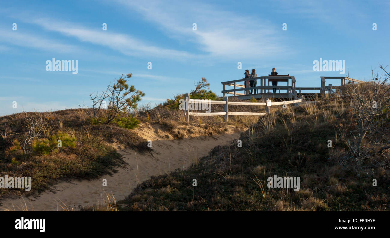 Observation platform at the Marconi Station, with tourists overlooking the Outer Cape. Cape Cod, Massachusetts, USA Stock Photo