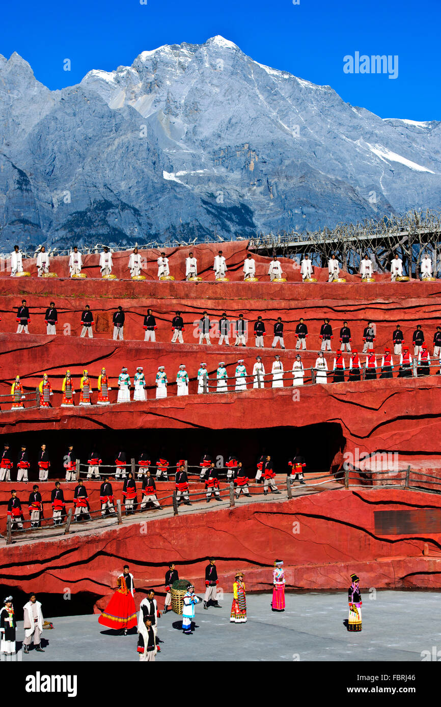 Jade Dragon Snow Mountain,Ethnicity show designed by Mr Li Jing Yenxung,who mastered Beijing Olympics,Lijiang,Yunnan,PRC,China Stock Photo
