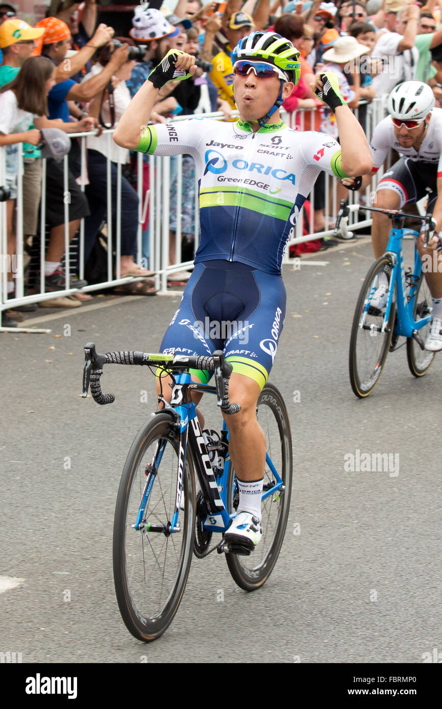 Caleb Ewan wins stage 1 of the 2016 Tour Down Under in Lyndoch in the Barossa Valley in Australia Stock Photo