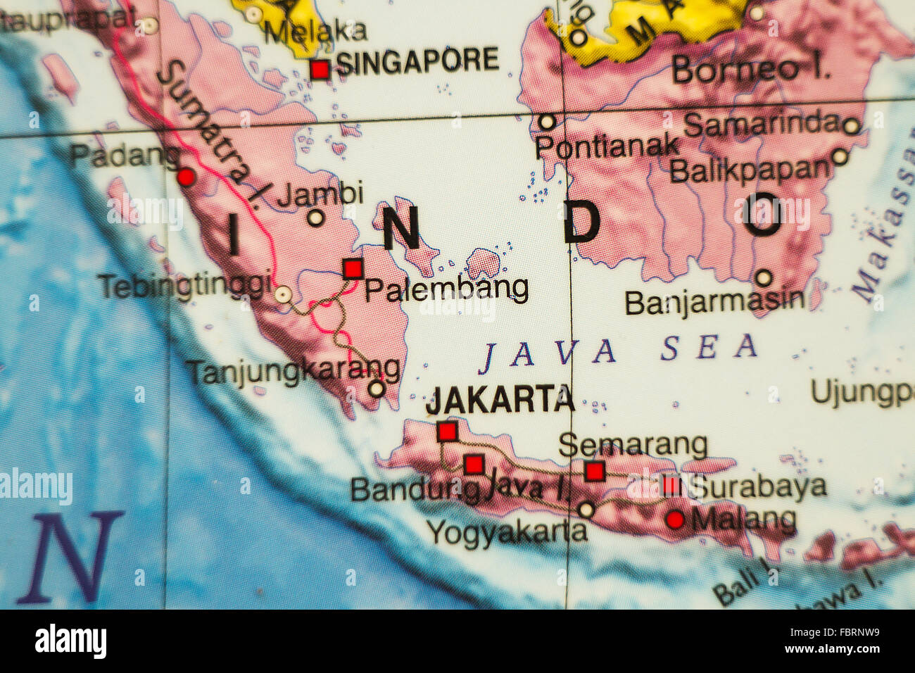 Photo of a map of Indonesia and the capital Jakarta . Stock Photo