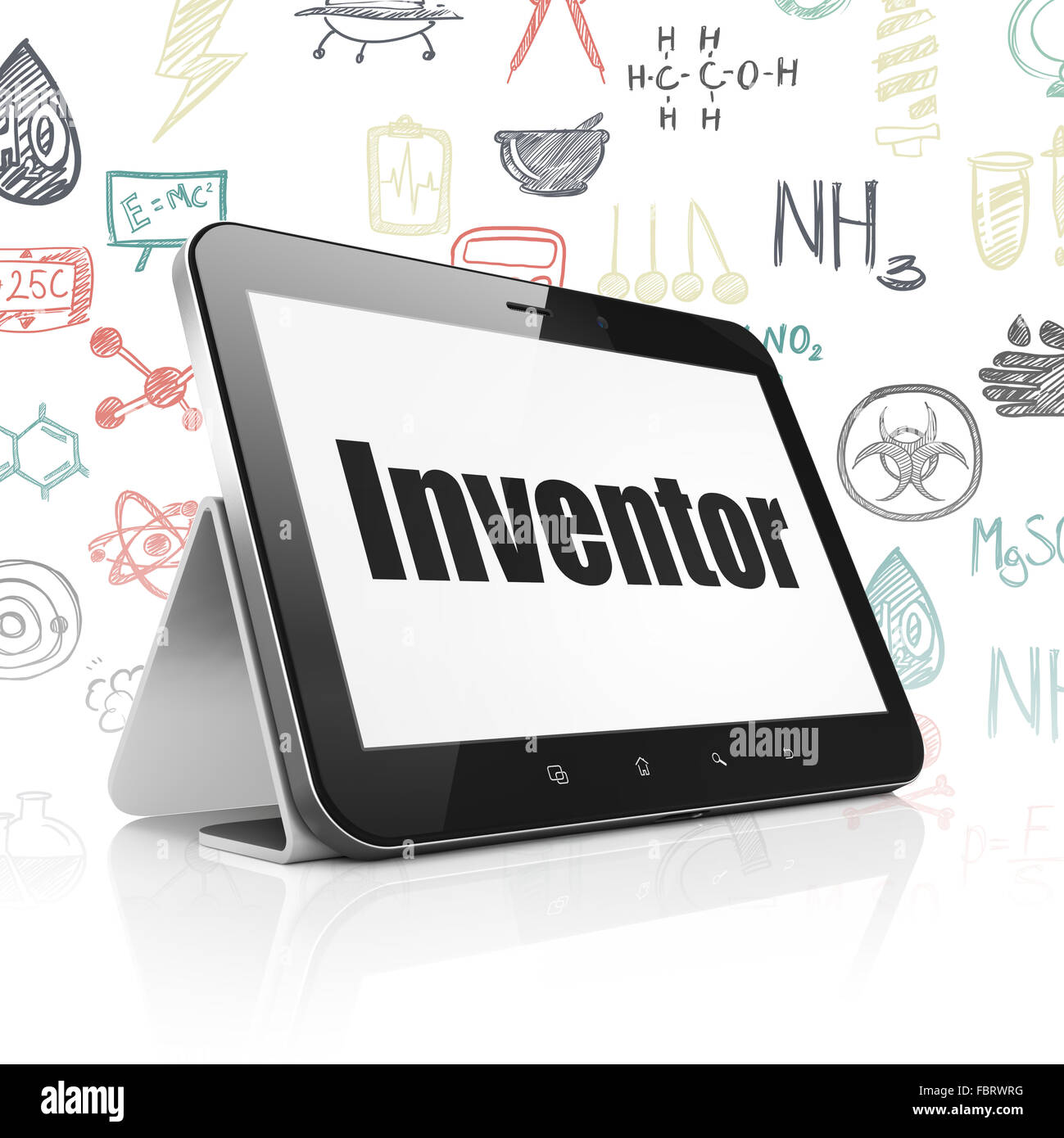 Science concept Tablet Computer with Inventor on display Stock Photo
