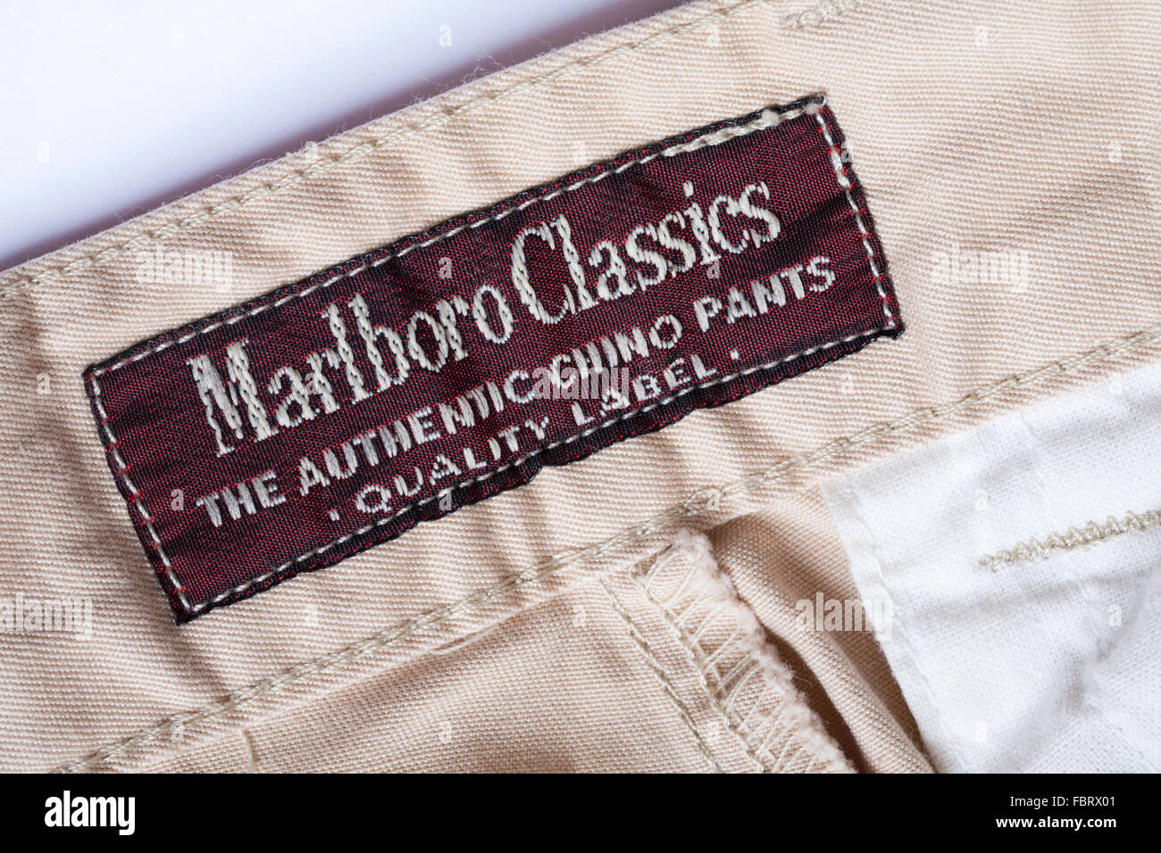Marlboro Classics quality label the authentic Chino pants label in mans trousers Stock Photo
