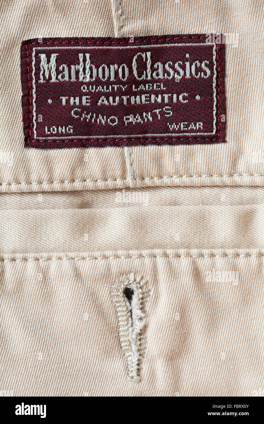Marlboro Classics quality label the authentic Chino pants label on mans  trousers Stock Photo - Alamy