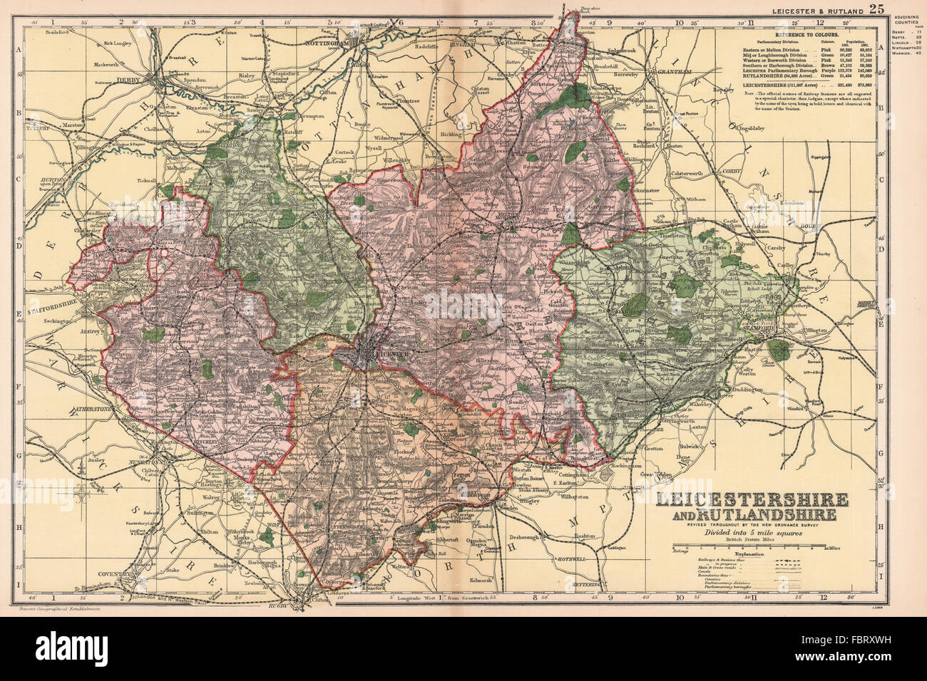 LEICESTERSHIRE AND RUTLANDSHIRE. Parliamentary divisions & parks. BACON 1901 map Stock Photo
