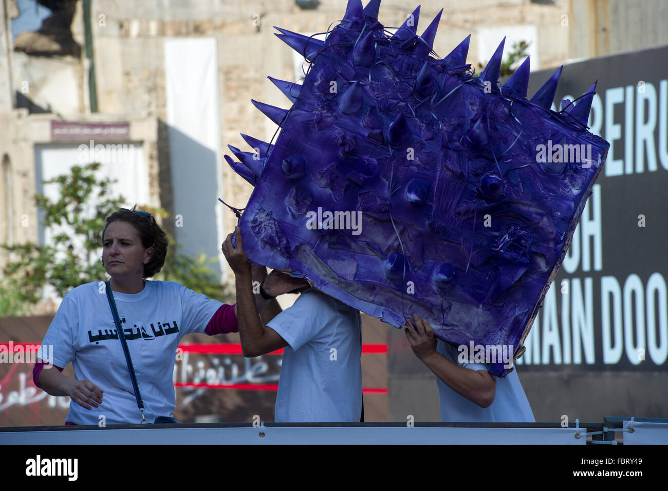 Cholera disease warning form status hold by activist in Beirut Lebanon Stock Photo