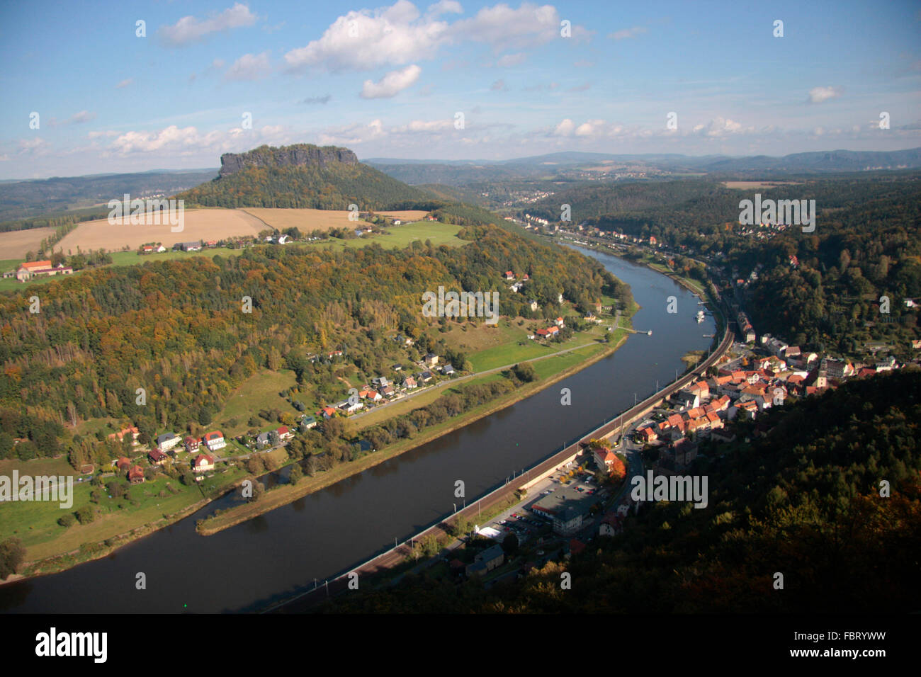 Lilienstein, Elbe von der Festung Koenigstein aus gesehen - Saechsische Schweiz. Stock Photo