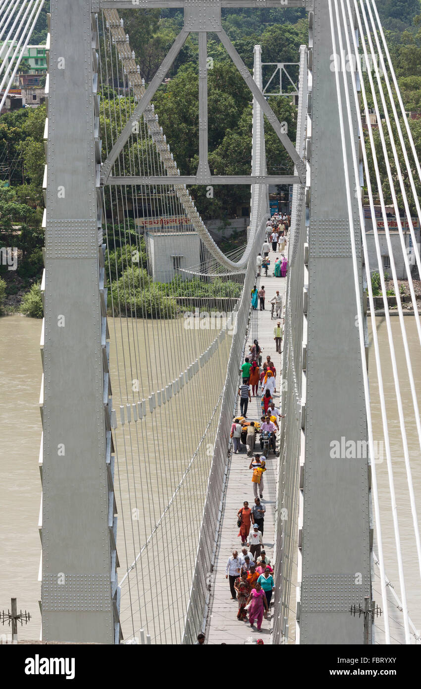 Lakshman Jhula bridge over Ganges in Rishikesh, India. Stock Photo