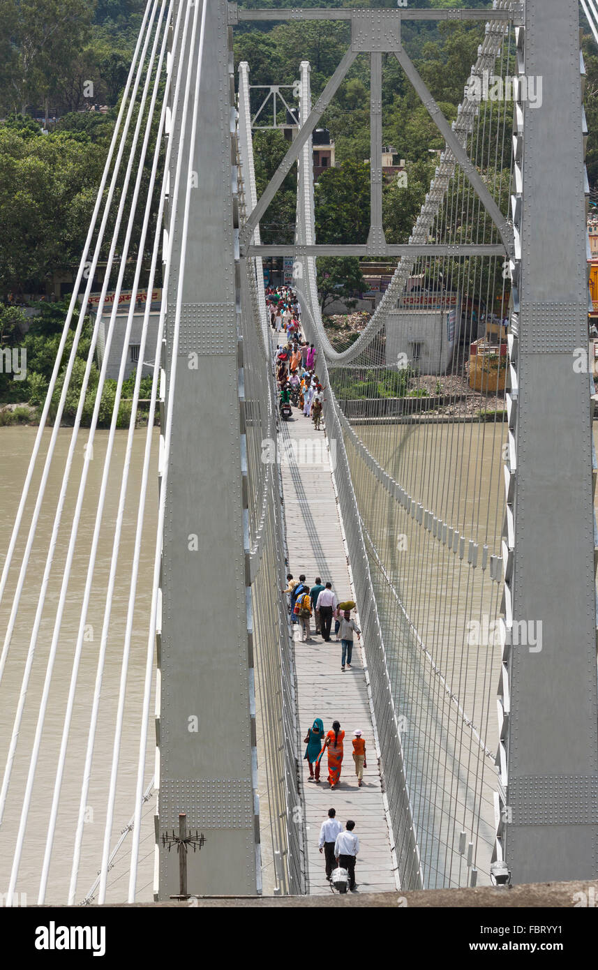 Lakshman Jhula bridge over Ganges in Rishikesh, India. Stock Photo