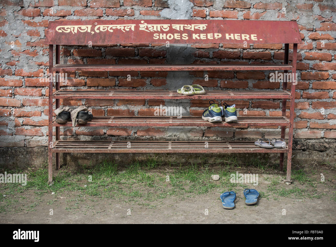 Shoes Keep Here Monastic Life On Majuli Island Hand Painted Sign Stock Photo Alamy