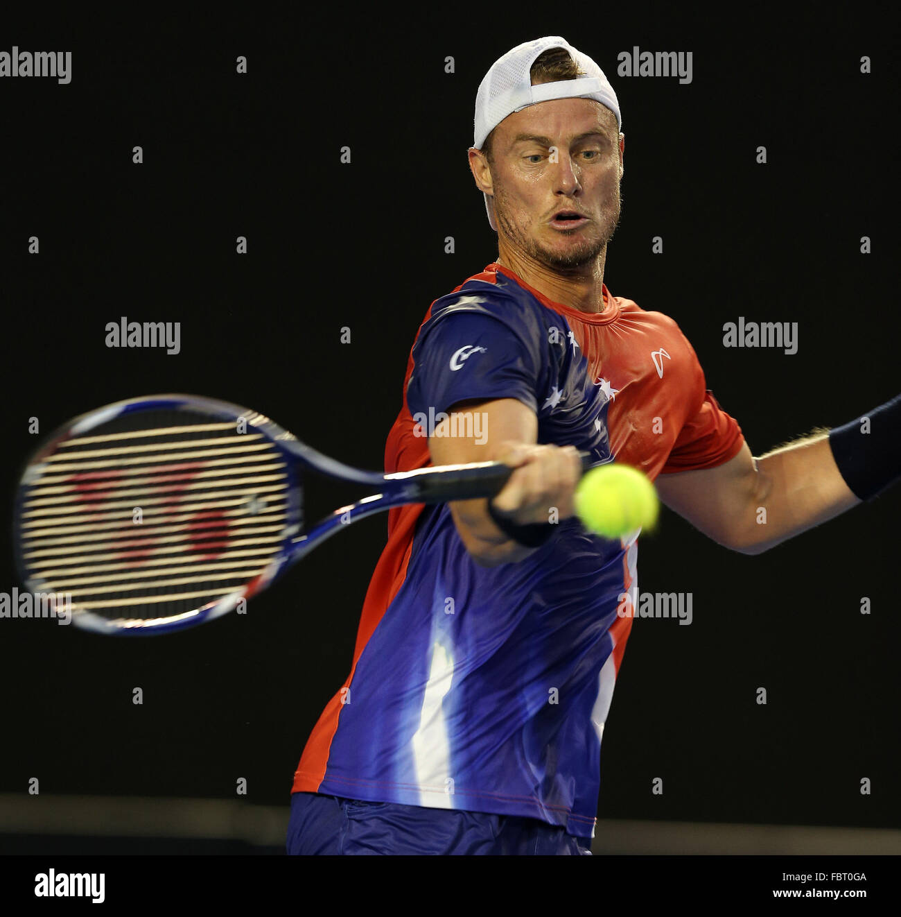 Melbourne, Australia. 19th Jan, 2016. Australia's Lleyton Hewitt competes against his compatriot James Duckworth during the first round match of men's singles at the Australian Open Tennis Championships in Melbourne, Australia, Jan. 19, 2016. Credit:  Bi Mingming/Xinhua/Alamy Live News Stock Photo