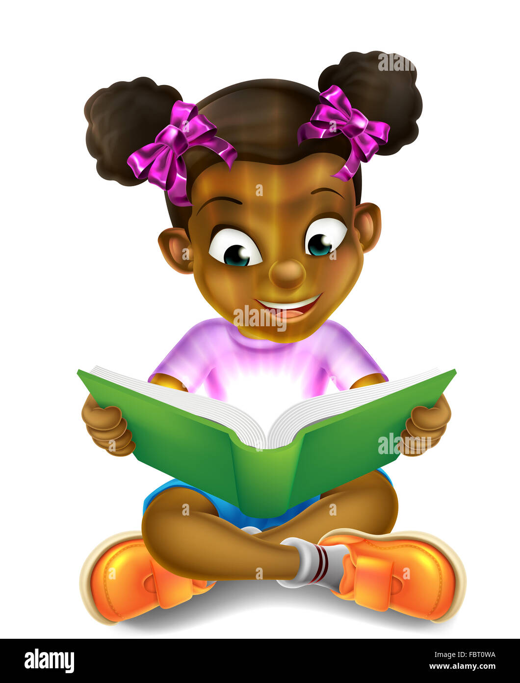 A happy cartoon little black girl enjoying reading an amazing book and ...