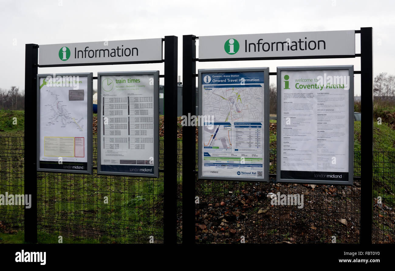 Information boards at Coventry Arena railway station, Coventry, West Midlands, England, UK Stock Photo