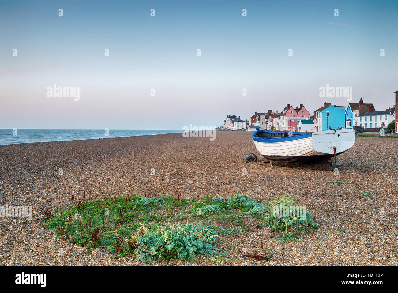 The shingle beach and pretty seaside town of Aldeburgh on the Suffolk coast Stock Photo
